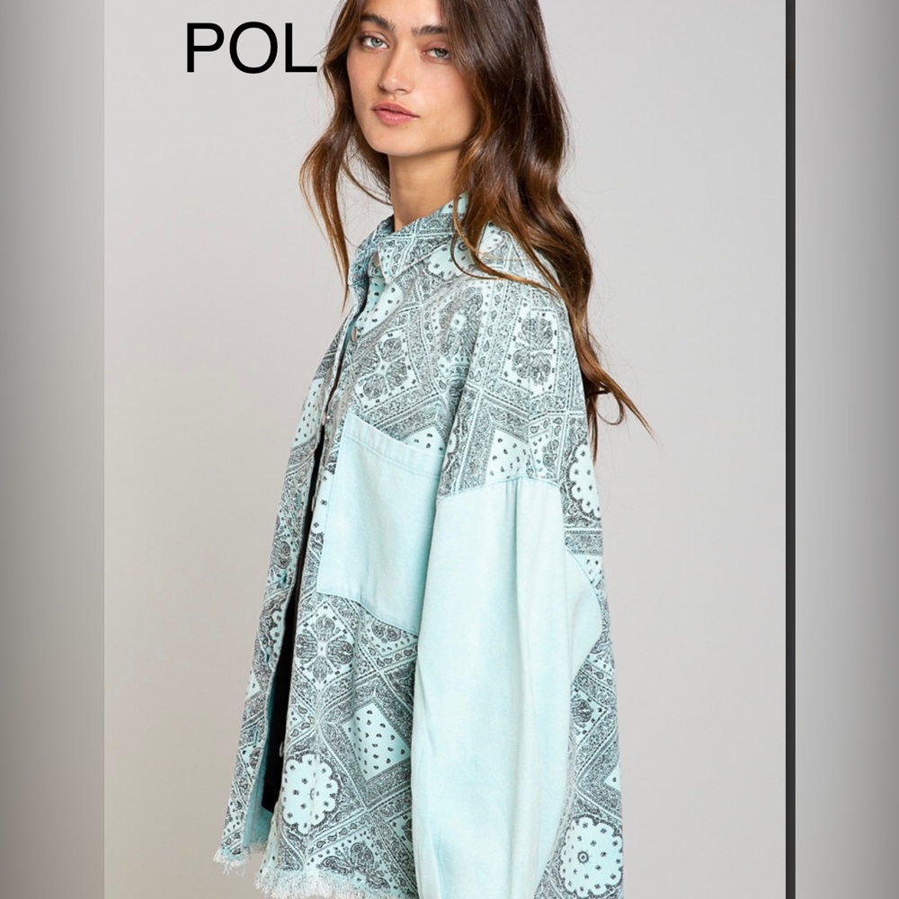 BPB24💙NEW! POL pretty mint+ blue+black paisley jacket w/solid details!💙 - Picture 7 of 10